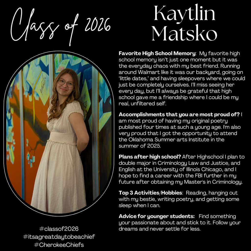 Senior Spotlight for female student.  Flyer with black background with white text.  Includes photo of student.