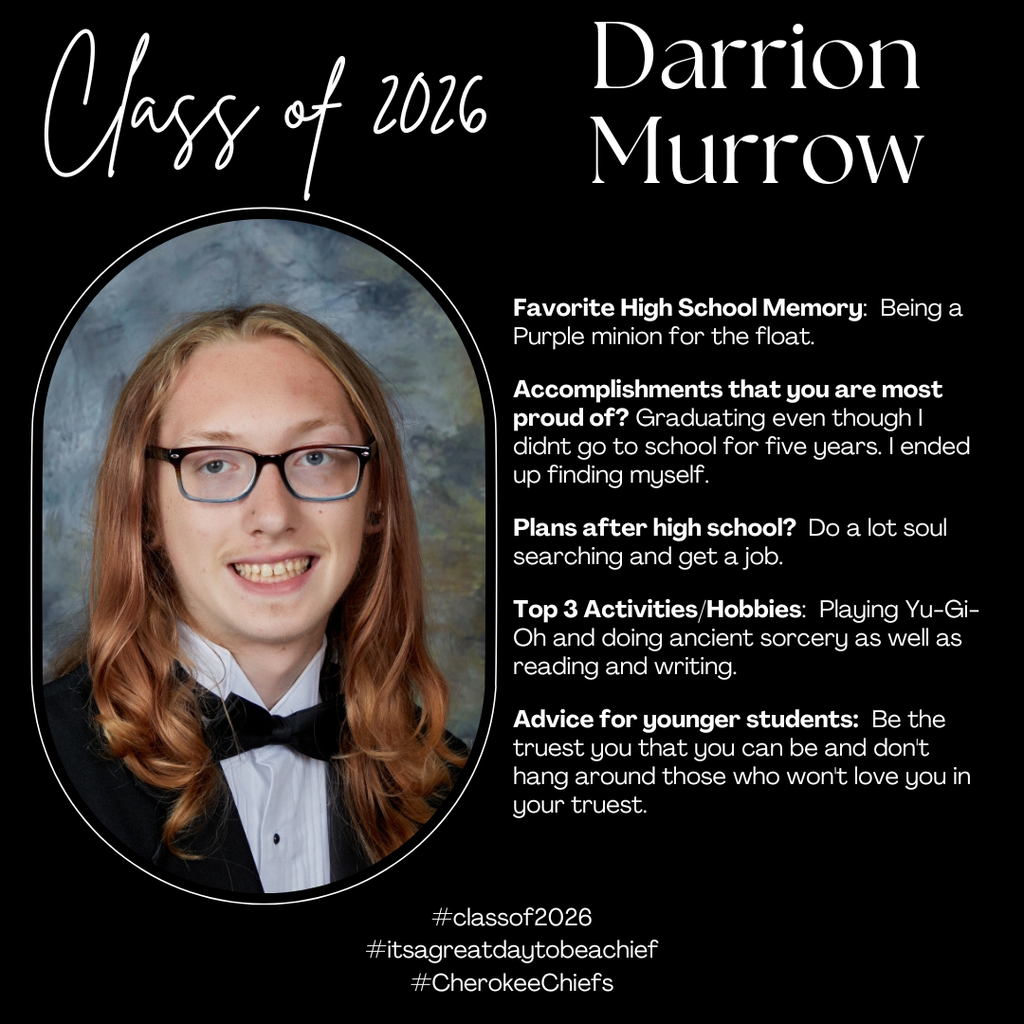 Senior Spotlight for male student.  Flyer with black background with white text.  Includes photo of student.