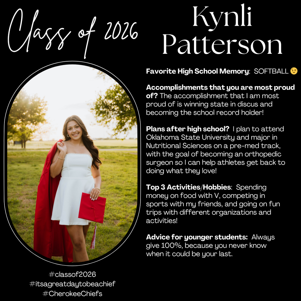 Senior Spotlight for female student.  Flyer with black background with white text.  Includes photo of student.