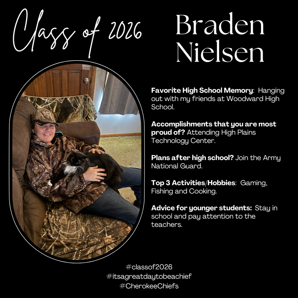 Senior Spotlight for male student.  Flyer with black background with white text.  Includes photo of student.