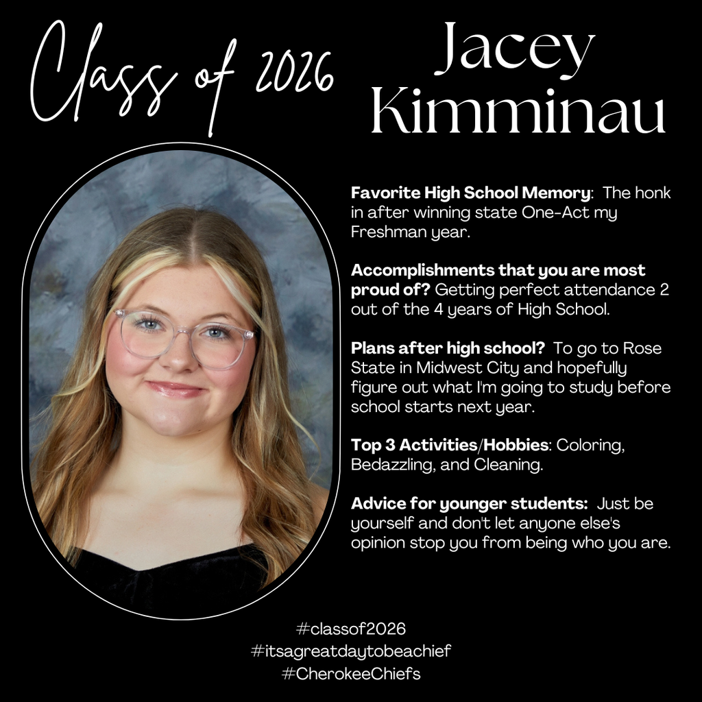 Senior Spotlight for female student.  Flyer with black background with white text.  Includes photo of student.