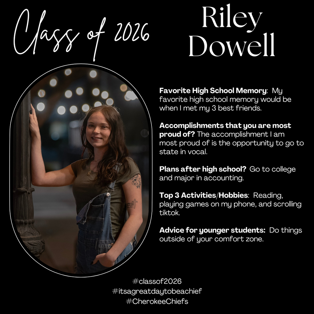 Senior Spotlight for female student.  Flyer with black background with white text.  Includes photo of student.