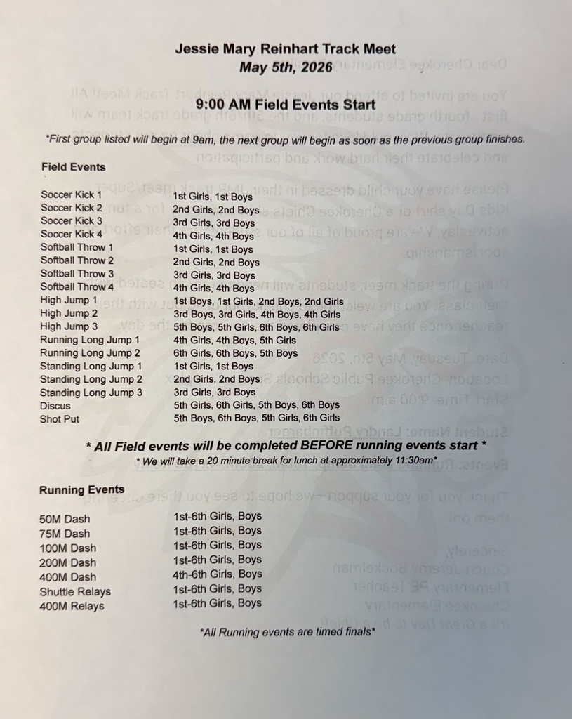 Jessie Mary Reinhart Track Meet schedule for May 5th 2026.  White paper with black writing.