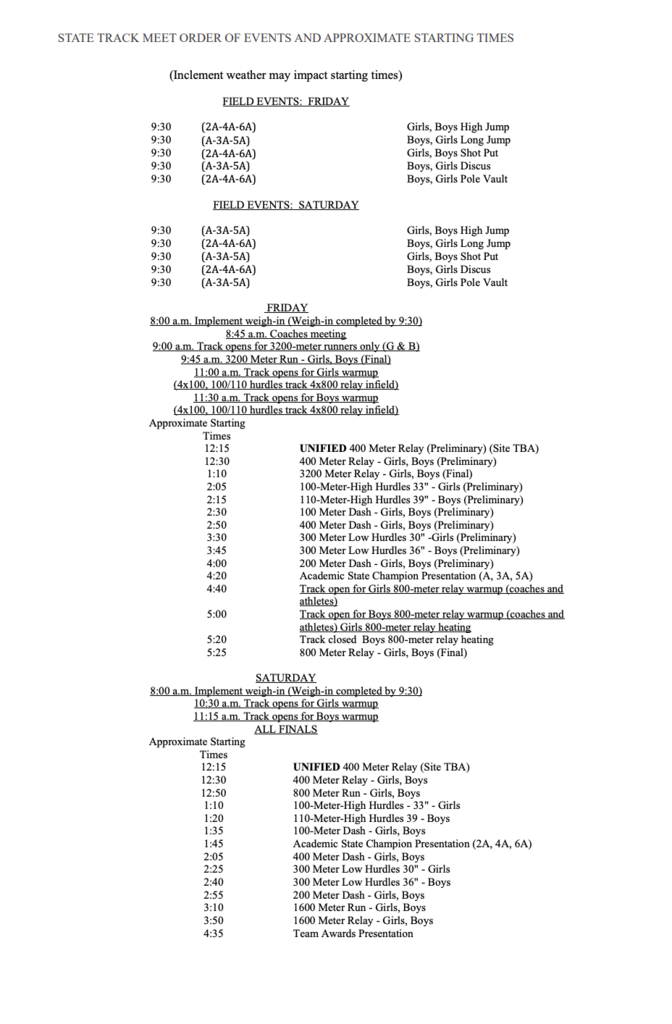 Schedule of Events for State Track on May 8 & 9, 2026 at Western Heights in OKC.  PDF version  https://ossaaillustrated.com/wp-content/uploads/2026/05/TR_2025-26_StateOrderofEvents.pdf