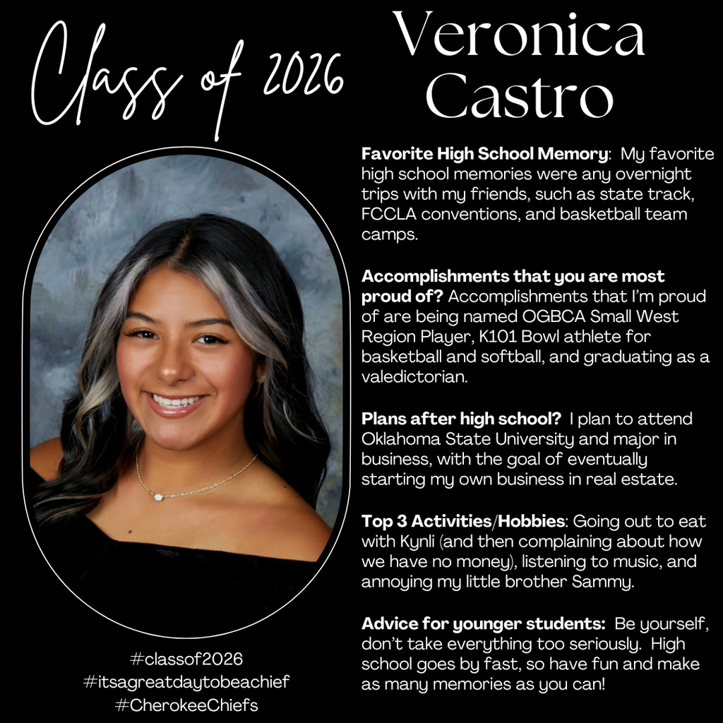 Senior Spotlight for female student. Flyer with black background with white text. Includes photo of student.