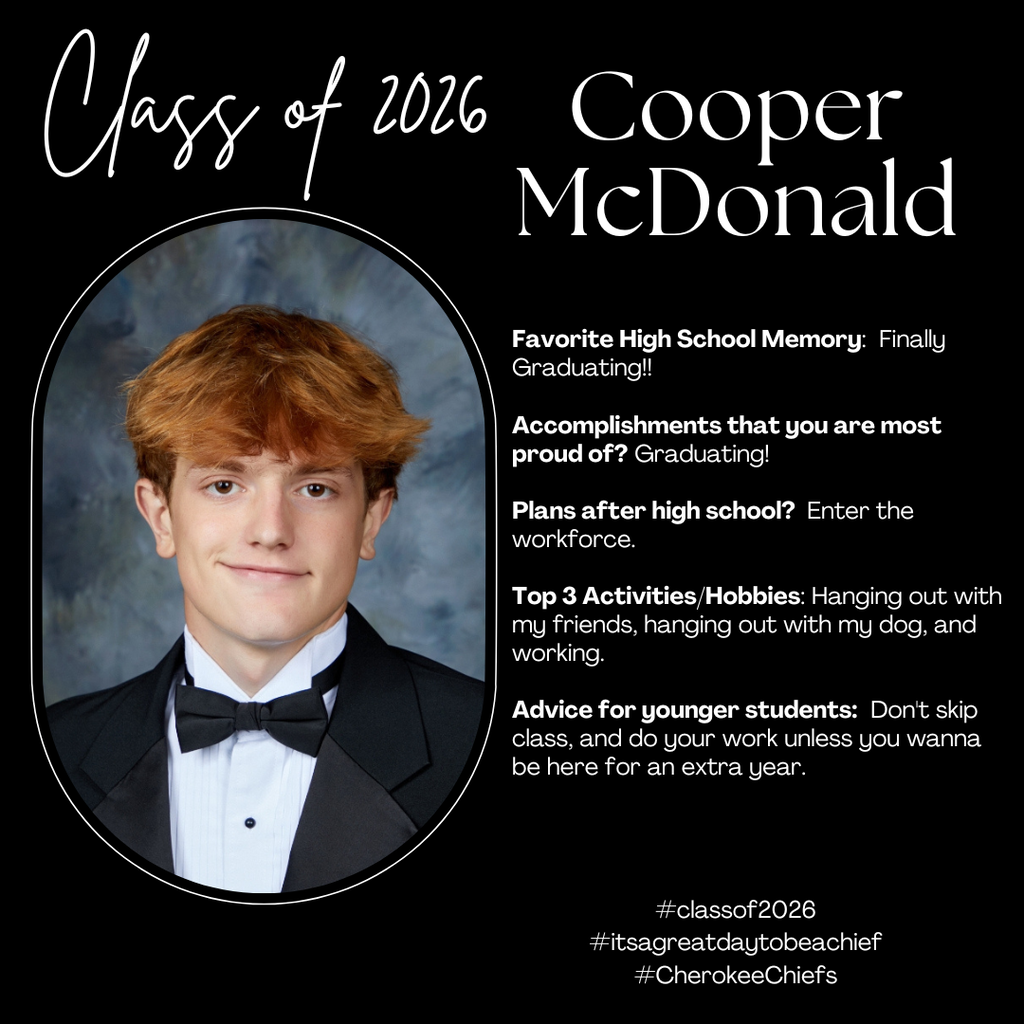 Senior Spotlight for male student.  Flyer with black background with white text.  Includes photo of student.