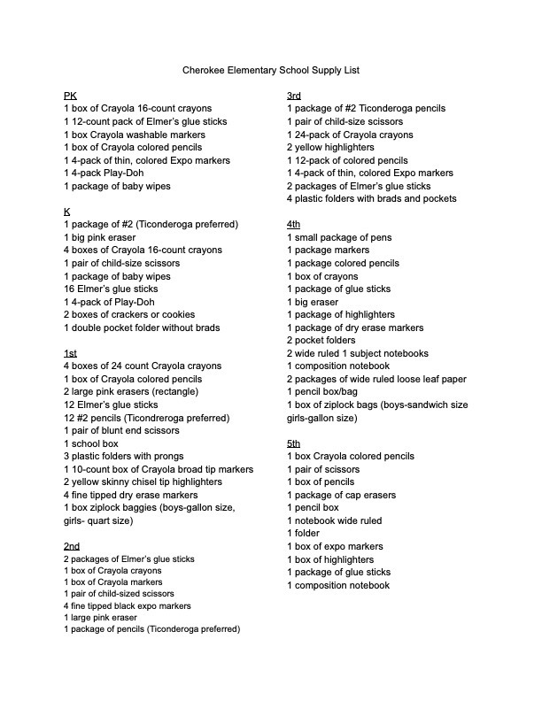 Elementary School Supply List.  White paper with black font.
