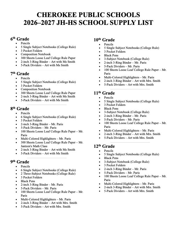JH-HS School Supply List.  White page with black font.