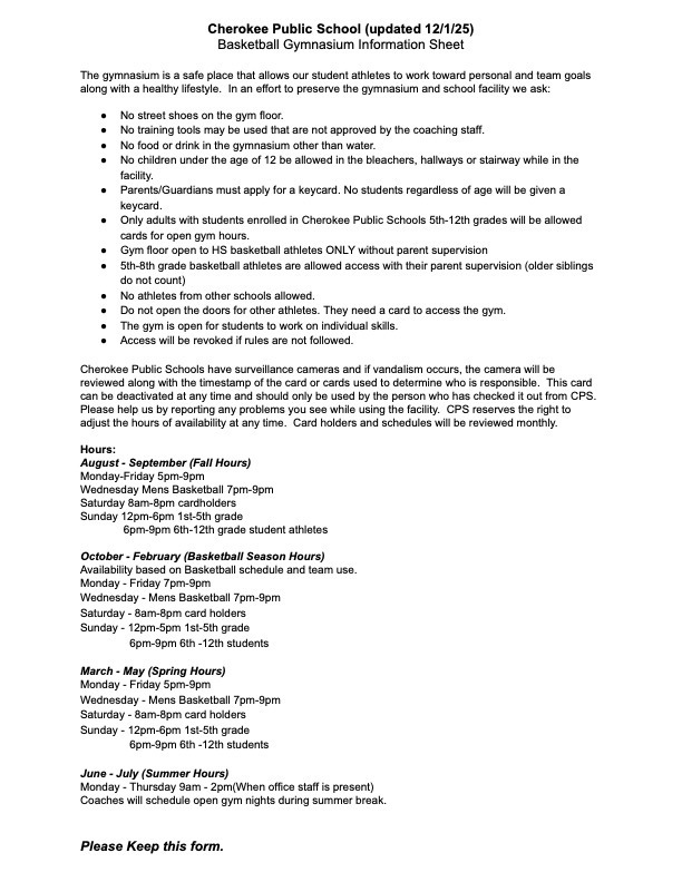 Open gym policy for using the HS Gym at Cherokee. White paper with black font. A PDF can be found at https://aptg.co/6HRrHG