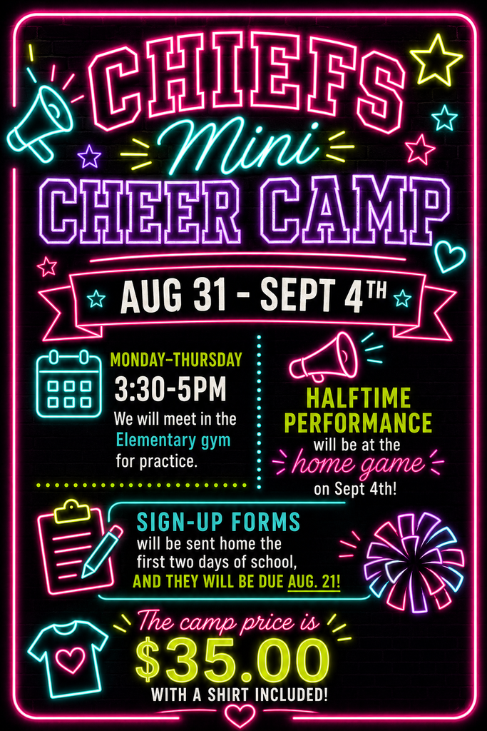 Mini Cheer Camp flyer. Neon colors. Cost is $35. After school Aug 31 to Sept 3. Preform Sept 4 at halftime of HS Football game.