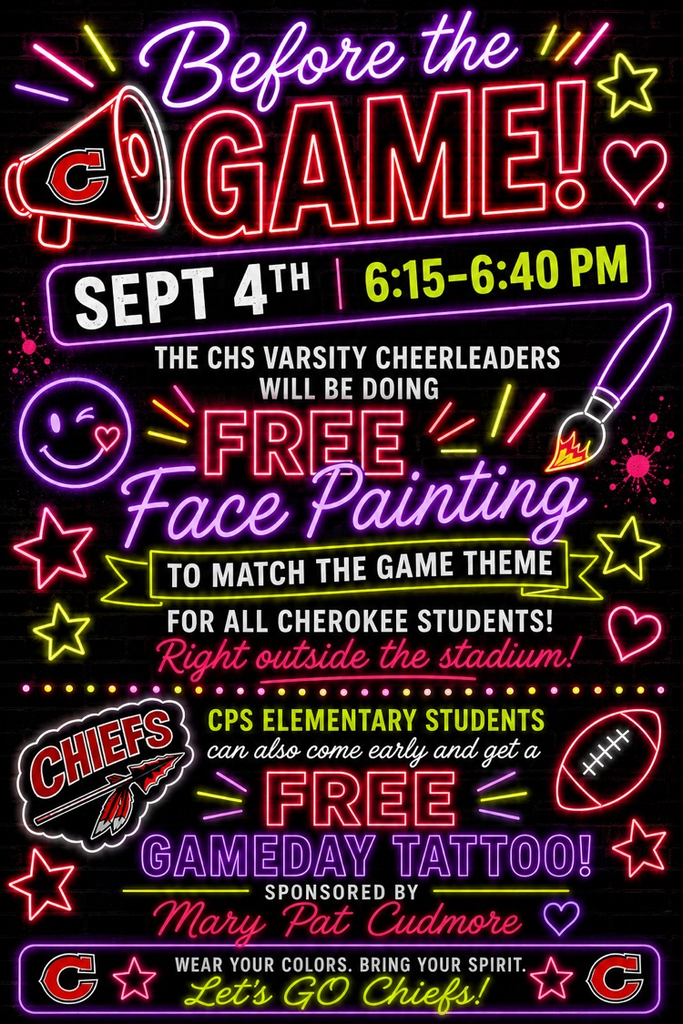 game day flyer in neon. free face painting on Sept 4 at the Cherokee sports complex from 6:15pm to 6:40pm  