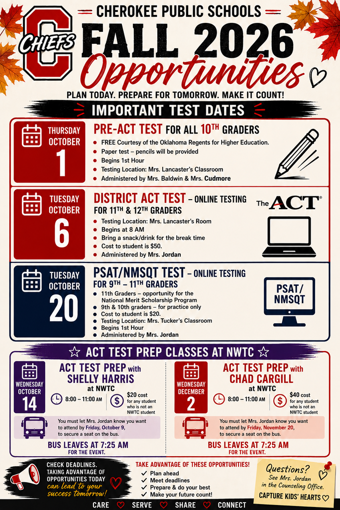 Cherokee Public Schools Fall 2026 Opportunities poster featuring important ACT, Pre-ACT, and PSAT/NMSQT testing dates, ACT test-prep classes, costs, locations, and registration deadlines. The poster uses Cherokee Chiefs red, black, navy, and purple colors with fall leaves and school-themed graphics.