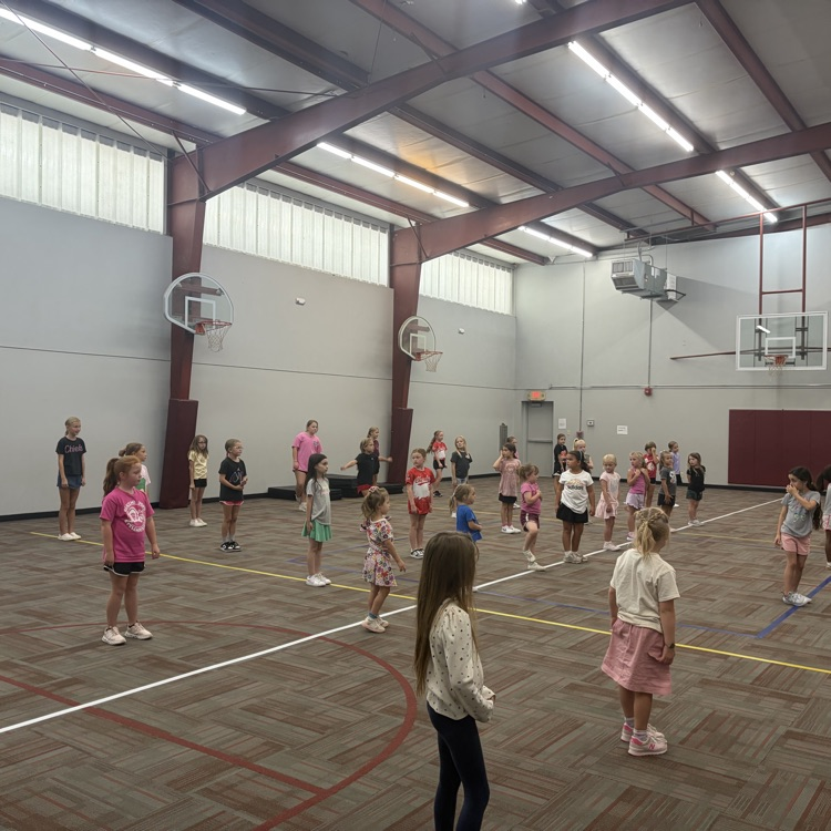 group of students in a gym with carpet. working on a cheer