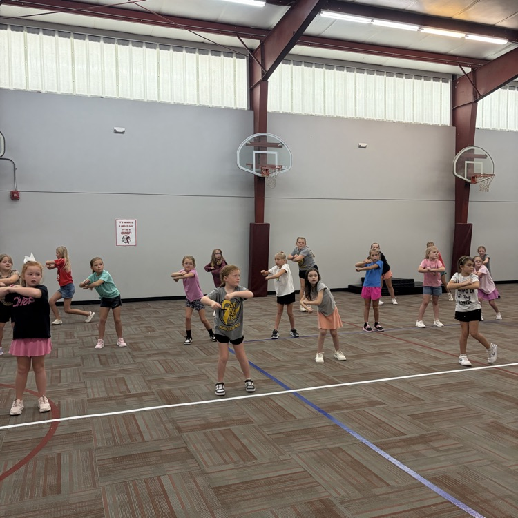 group of students in a gym with carpet. working on a cheer