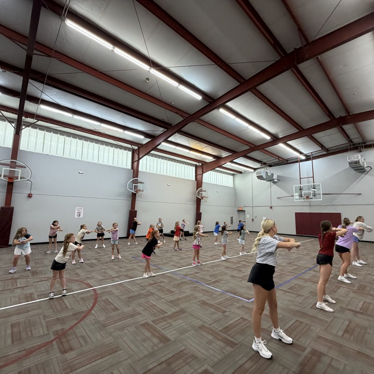 group of students in a gym with carpet. working on a cheer