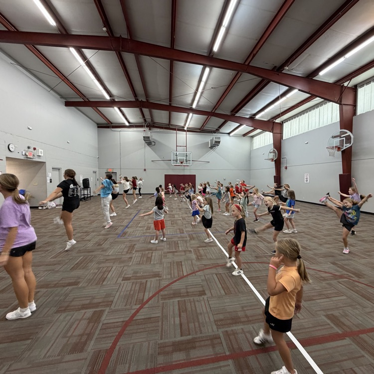 group of students in a gym with carpet. working on a cheer