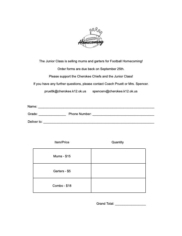 Mum and Garter order form for football homecoming. White paper with black font. PDF can be found at https://aptg.co/89-3r1