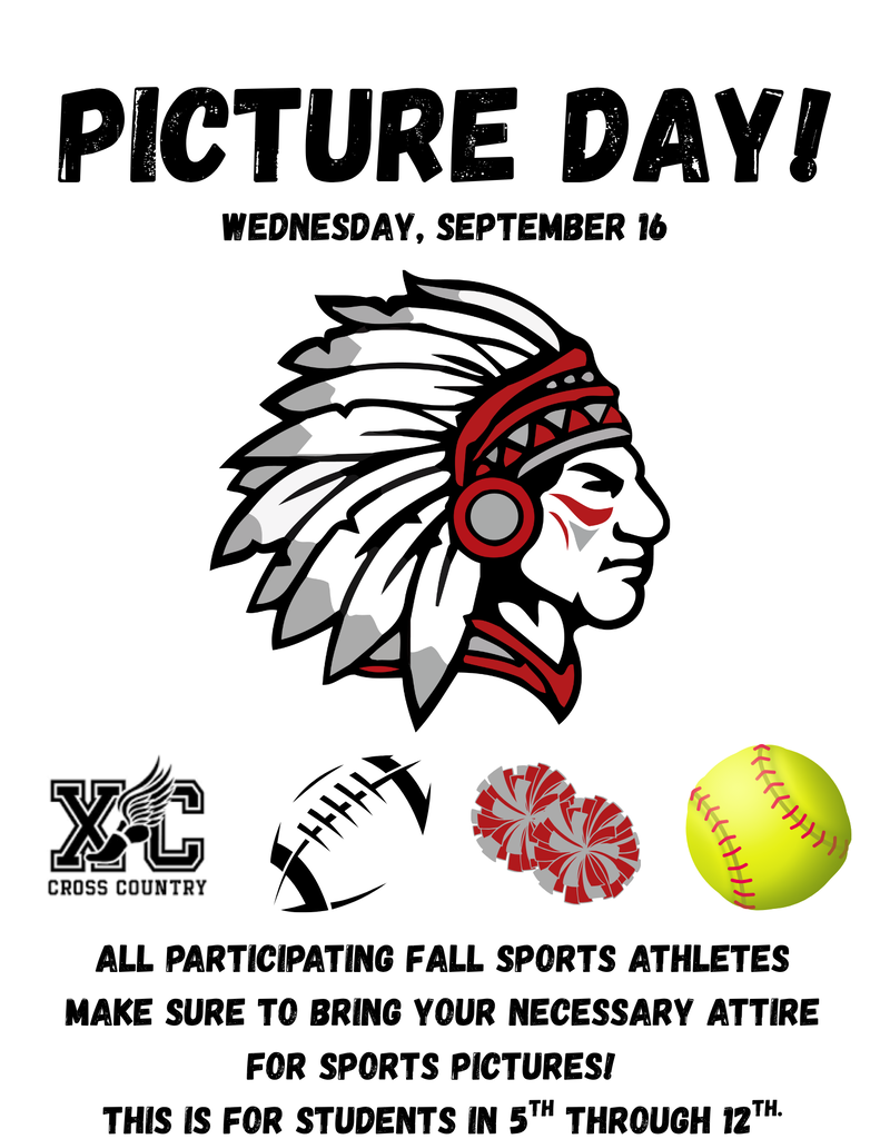Sport picture day flyer. White background with black font. Cherokee logo in center. Symbols for cross county, football, cheer and softball.