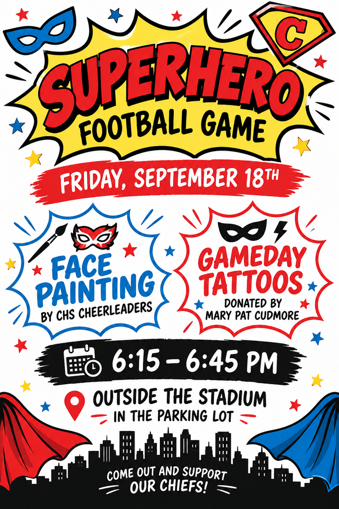 Superhero flyer. September 18 in the sports complex parking lot from 6:15pm to 6:45pm. Free face painting and game day tattoos. White background with red, black and blue font.