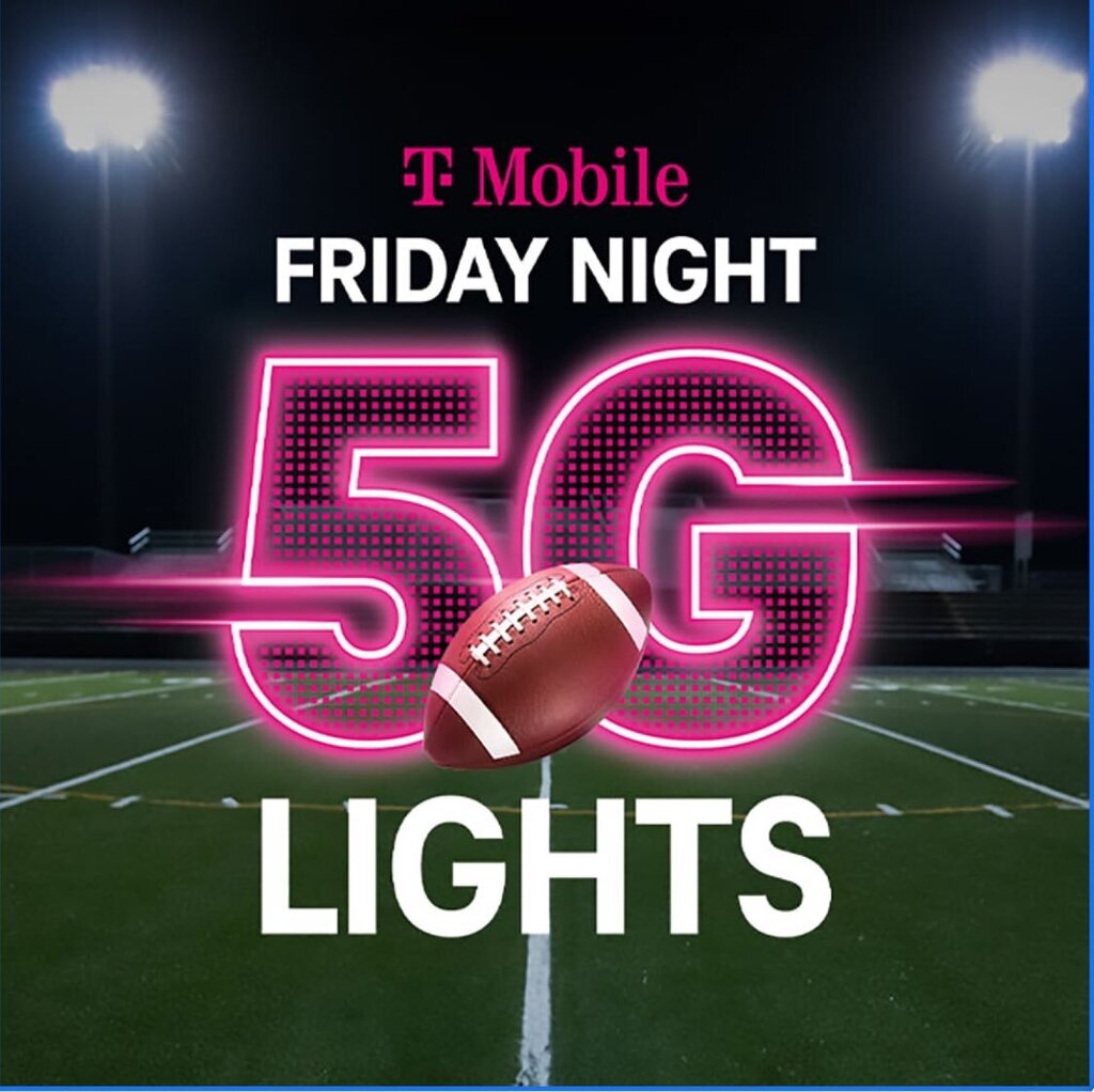 TMobile Friday Nigh 5G Lights flye. Dark football field with white and pink letters.