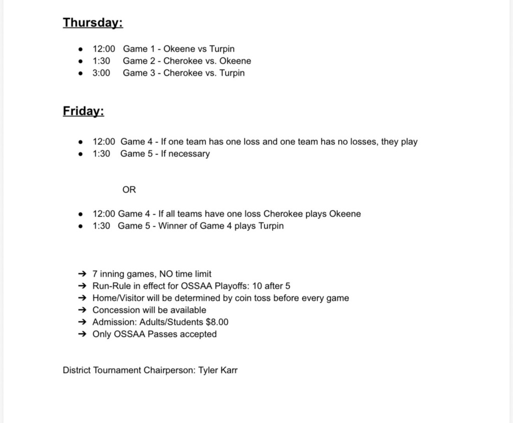 District Softball information for 2026. White paper with black font. The Lady Chiefs will play in Turpin on Sept 24 at 1:30pm and 3:00pm. Admission is $8.00