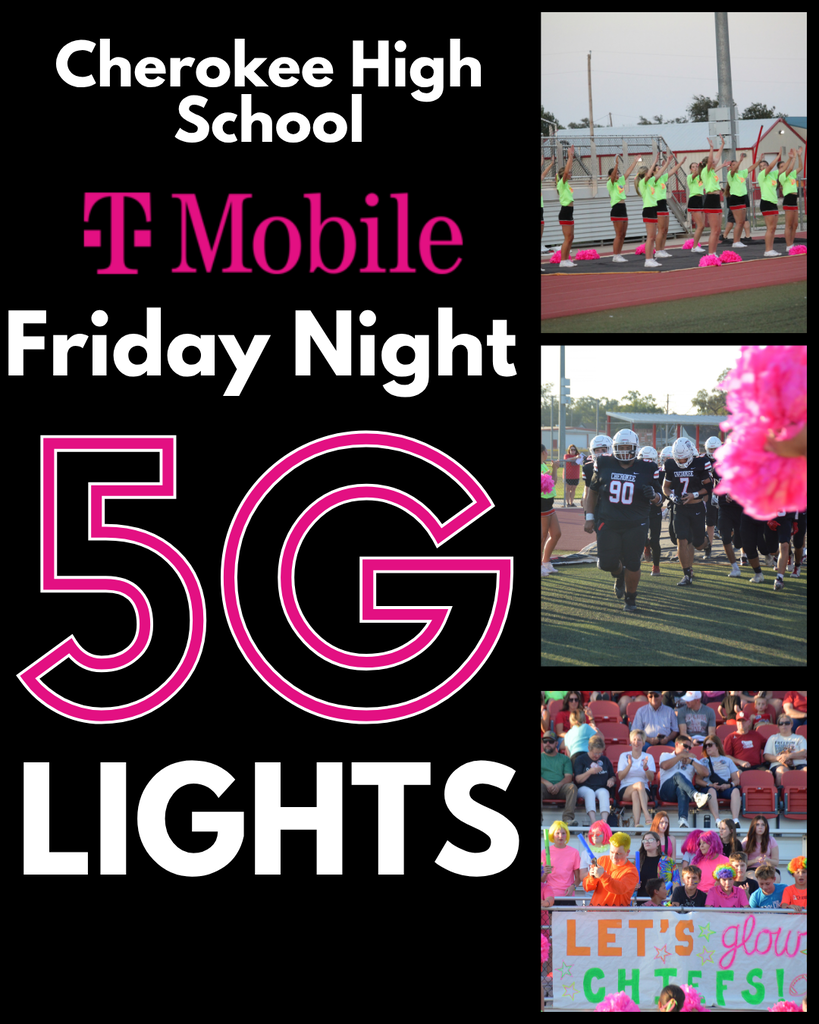 TMobile Friday Nigh 5G Lights flyer. Black background with white and pink letters. Also includes 3 pictures on the right side.