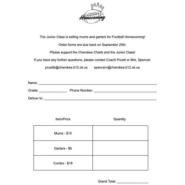 Mum and Garter order form for football homecoming.  White paper with black font.  PDF can be found at https://aptg.co/89-3r1