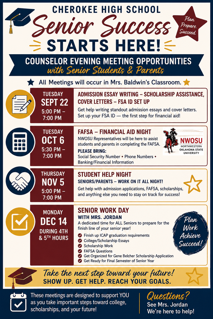 Graphic for Senior Success Nights at Cherokee. Tan background with mutli colored font and graphics. Contact Mrs Jordan at jordana@cherokee.k12.ok.us for additional information.