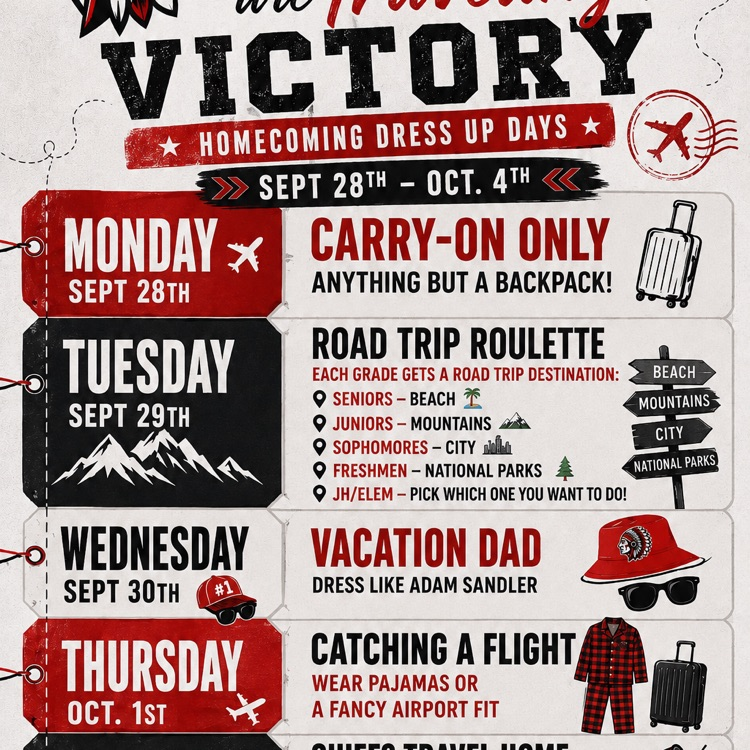 Flyer for homecoming week. cream background with red & black fonts and accents  