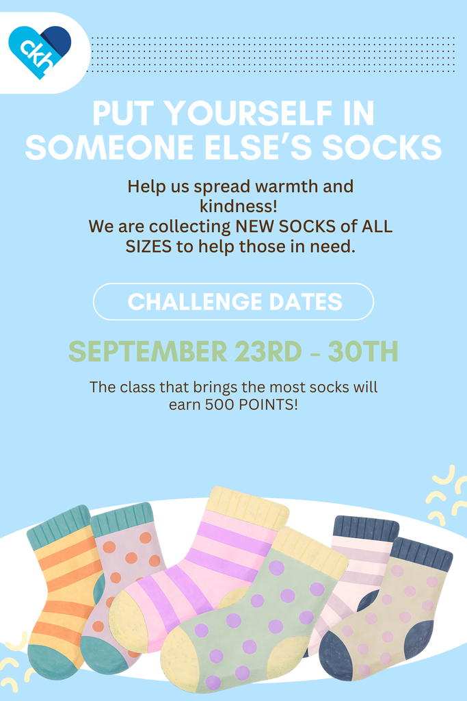 Sock Drive a cherokee from Sept 23-30.  Class Challenge for 6th - 12th grade.  Blue back ground with white and black font.  Colorful socks at the bottom.