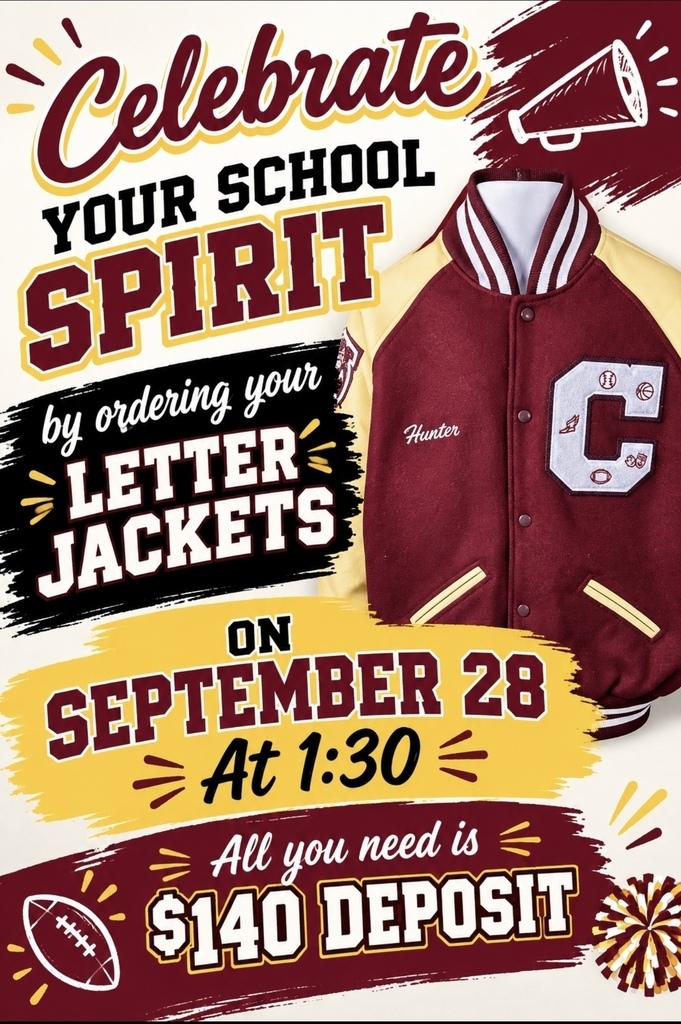 Letter jacket flyer. Colors are yellow, marron, and black. Deposit is $140. Order on Sept 28, 2026 at 1:30pm.