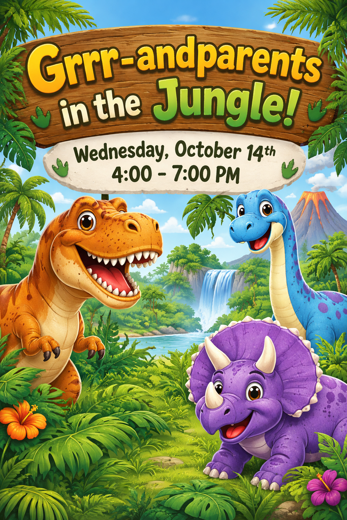 Dinosaur themed flyer for grandparent event at the book fair at the elementary.  October 14 from 4pm to 7pm.