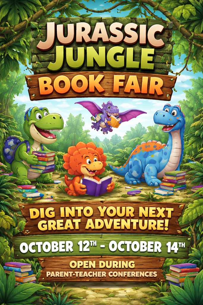 Dinosaur themed flyer for the book fair at Cherokee Elementary.  Open Oct 12 -14 including during parent-teacher conferences.