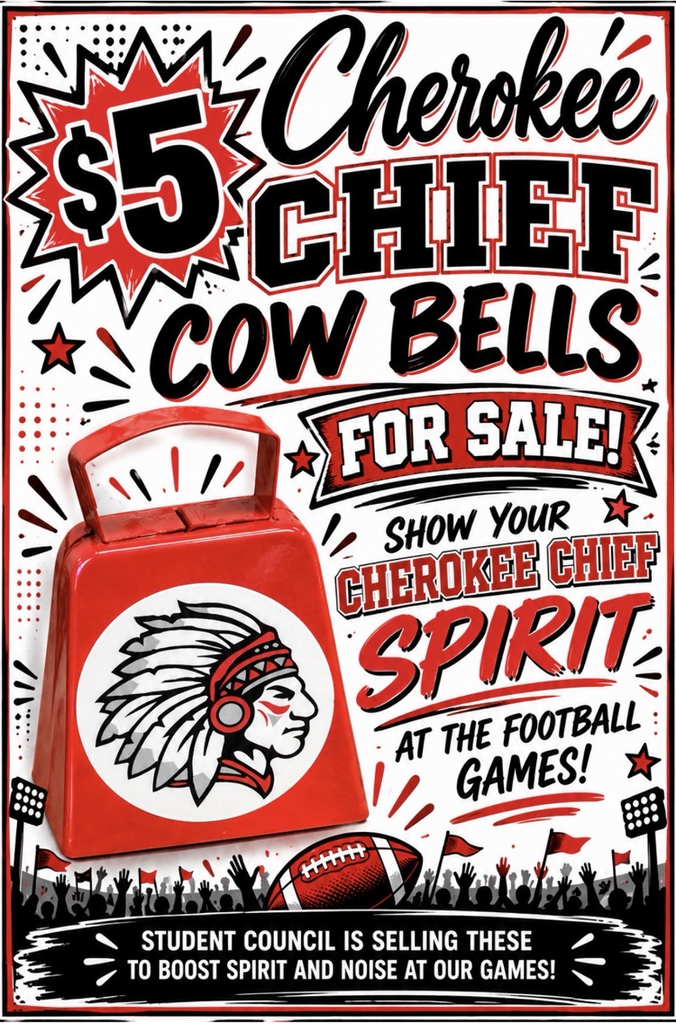 cow bells will be for sale at tonight’s football game. black, white & red flyer with a cow bell. $5. limited supply 
