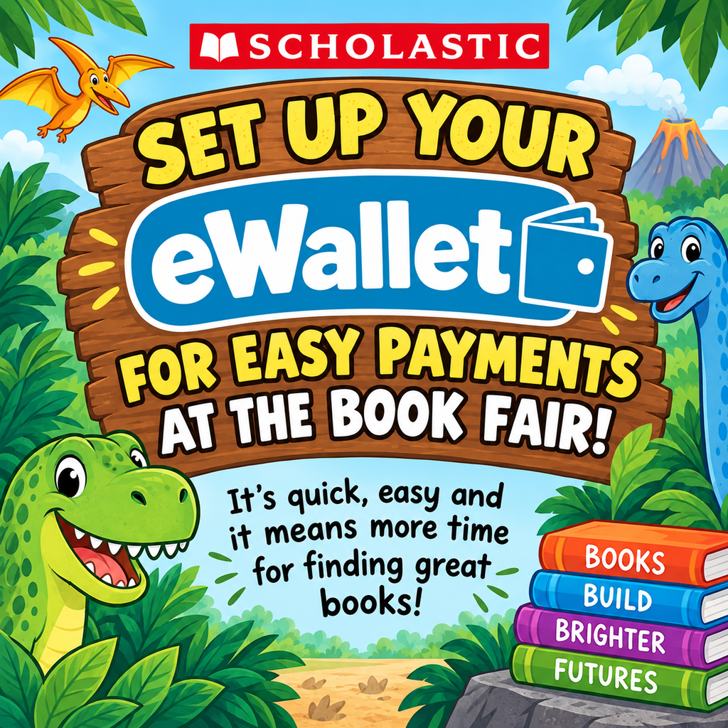 Dinosaur themed book fair flyer. Set up your ewallet today. visit https://www.scholastic.com/bf/cherokeeelementaryschool4 to set one up.