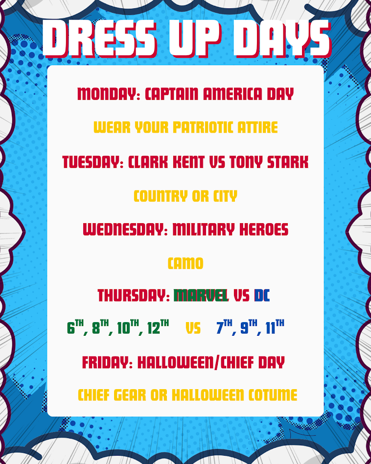 Cherokee Public Schools Red Ribbon Week dress-up days flyer for October 26–30, featuring a blue comic-book superhero design with red, yellow, and blue lettering. Monday: Captain America Day — Wear your patriotic attire. Tuesday: Clark Kent vs. Tony Stark — Country or city. Wednesday: Military Heroes — Camo. Thursday: Marvel vs. DC — 6th, 8th, 10th, and 12th grades wear Marvel; 7th, 9th, and 11th grades wear DC. Friday: Halloween/Chief Day — Chief gear or a Halloween costume.