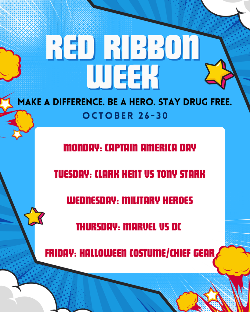 Cherokee Public Schools Red Ribbon Week dress-up days flyer for October 26–30, featuring a blue comic-book superhero design with red, yellow, and blue lettering.  Monday: Captain America Day — Wear your patriotic attire.  Tuesday: Clark Kent vs. Tony Stark — Country or city.  Wednesday: Military Heroes — Camo.  Thursday: Marvel vs. DC — 6th, 8th, 10th, and 12th grades wear Marvel; 7th, 9th, and 11th grades wear DC.  Friday: Halloween/Chief Day — Chief gear or a Halloween costume.