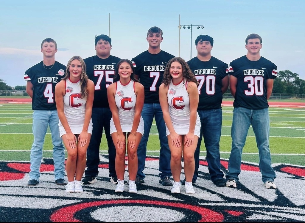Senior group photo of 3 cheerleaders and 5 football players standing on a football field. Seniors will be recognized on Friday, Oct 30, 2026 at 6:30pm at the Cherokee Sports Complex.