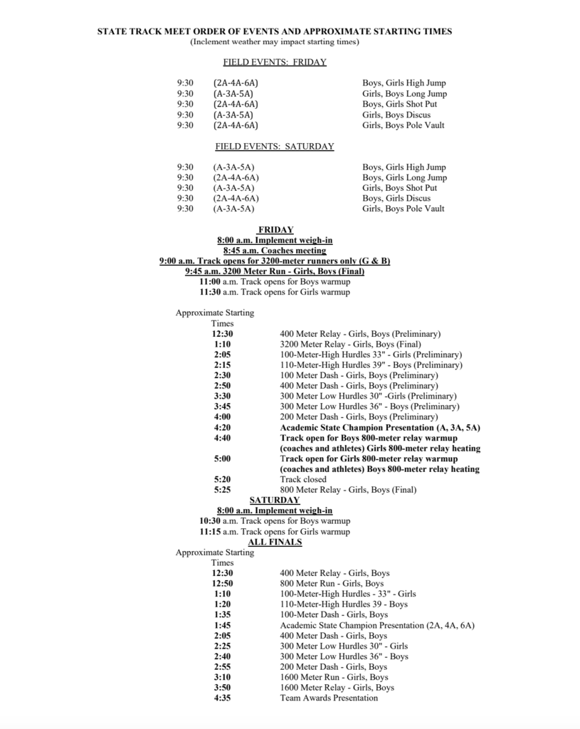 State Track Schedule of Events
