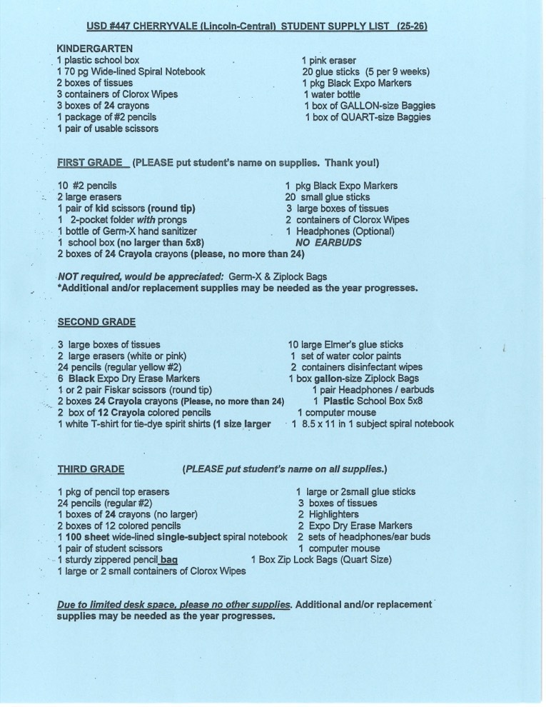 Lincoln Central Student Supply List 2025-26