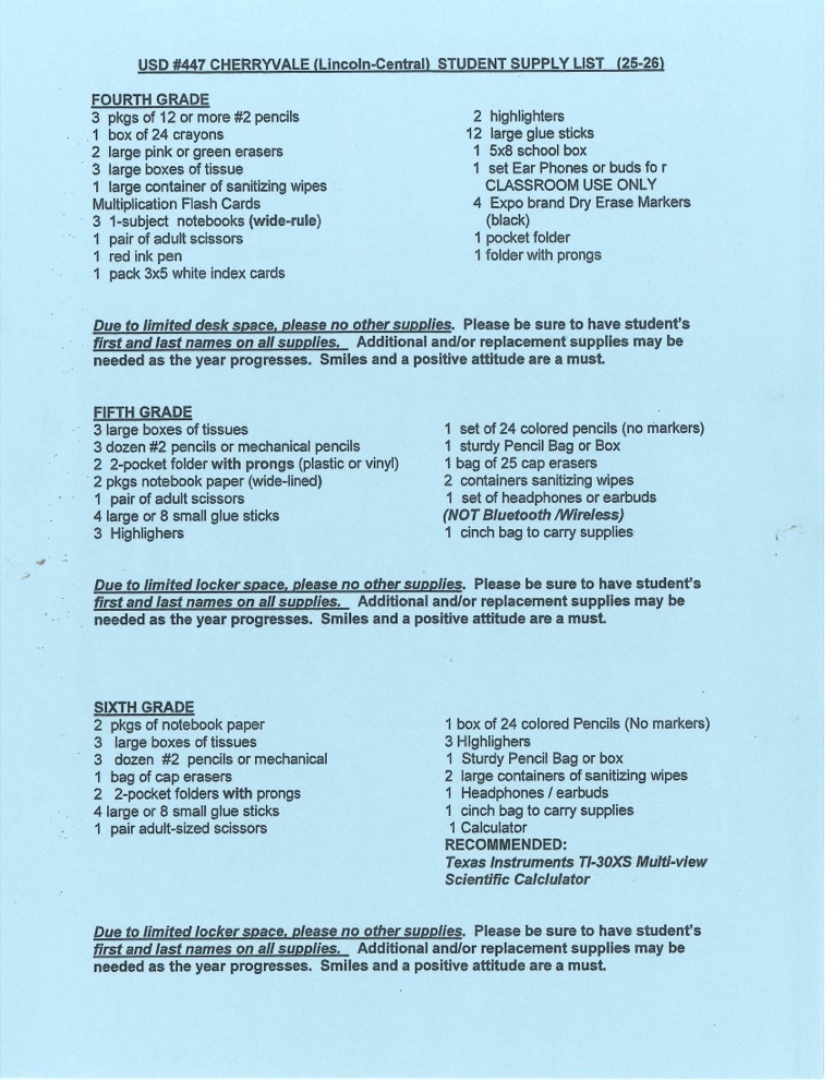 Lincoln Central Student Supply List 2025-26 pg. 2