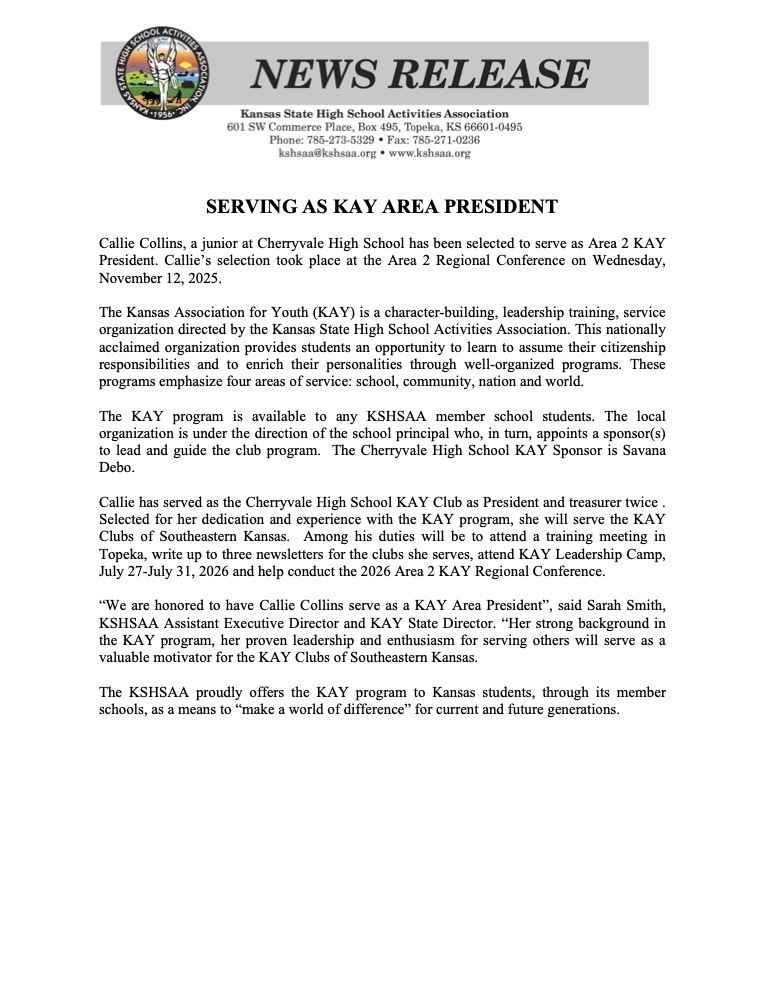 KSHSAA News Release - Callie Collins KAY Area 2 President.