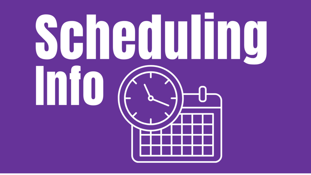 The text "Scheduling Info" with decorative calendar graphic
