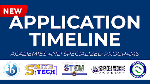 New Application Timeline for Academies and Specialized Programs. Shows logos for IB Academy, SmithTech, STEM Academy, SMA Academy, and CCC
