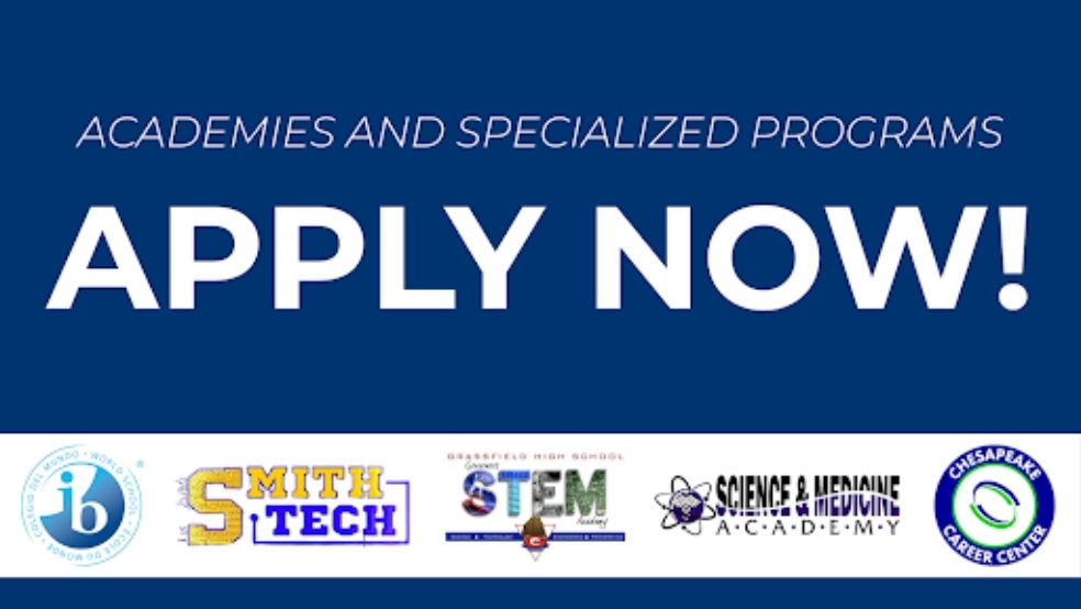 Apply Now for Academies and Specialized Programs. Shows logos for IB Academy, SmithTech, STEM Academy, SMA Academy, and CCC