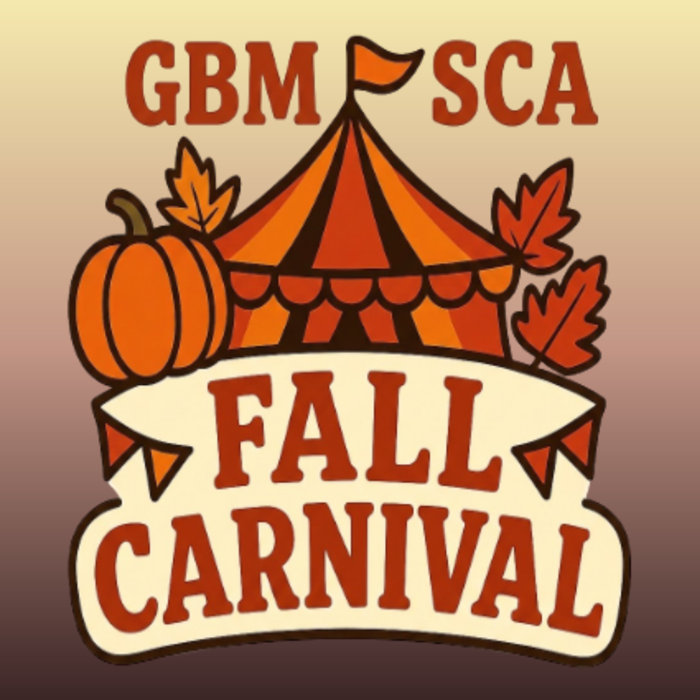 A graphic design featuring the text "GBM SCA" in dark red above an orange and brown circus tent topped with a small flag. To the left of the tent sits a bright orange pumpkin, and several red and orange autumn leaves frame both sides. Below the tent, a large white banner reads "FALL CARNIVAL" in bold red lettering, accented with small bunting flags on either end. The entire illustration is set against a soft, gradient background transitioning from yellow-orange to brown.