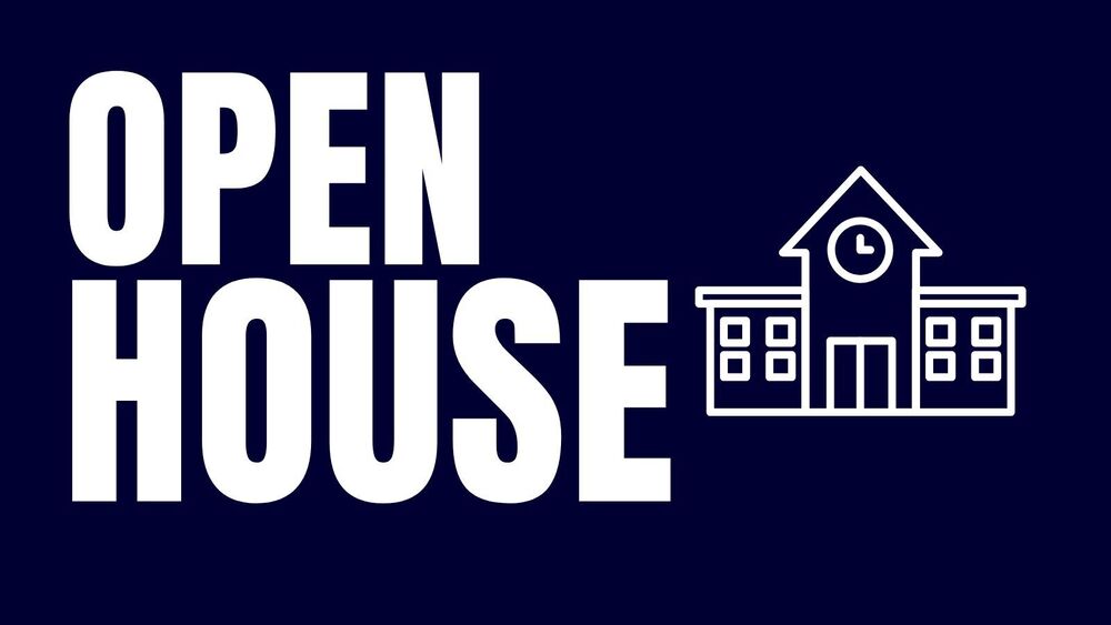 Graphic with large white text reading “OPEN HOUSE” on a dark navy background, alongside a white outline illustration of a house with a clock and windows.