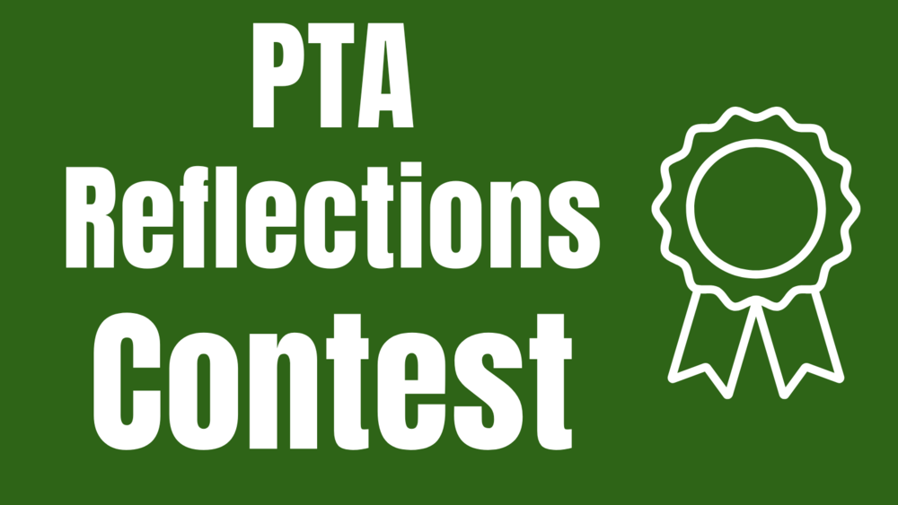 This image features bold white text on a solid dark green background. The text reads "PTA Reflections Contest," with "PTA" at the top, followed by "Reflections" in a larger font, and "Contest" below that in a similarly large font. To the right of the text, there is a white outline icon of a rosette ribbon, symbolizing an award or contest. The overall impression is clear and straightforward, announcing the "PTA Reflections Contest."