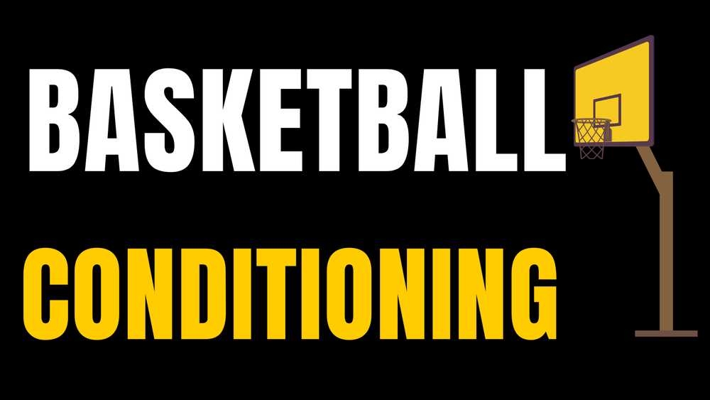 A graphic featuring a black background with large bold text that reads "BASKETBALL" in white above "CONDITIONING" in yellow. To the right of the text is a stylized illustration of a yellow basketball hoop with a brown pole and base.