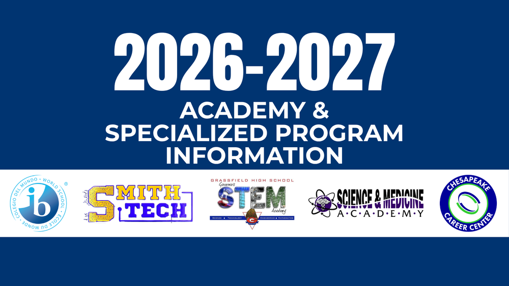 2026- 2027 Academy and Specialized Program Information. Shows logos for IB Academy, SmithTech, STEM Academy, SMA Academy, and CCC